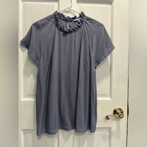 ANTONIO MELANI 100% Silk Ruffled Neck Keyhole Back Blue Blouse LARGE Pre Loved